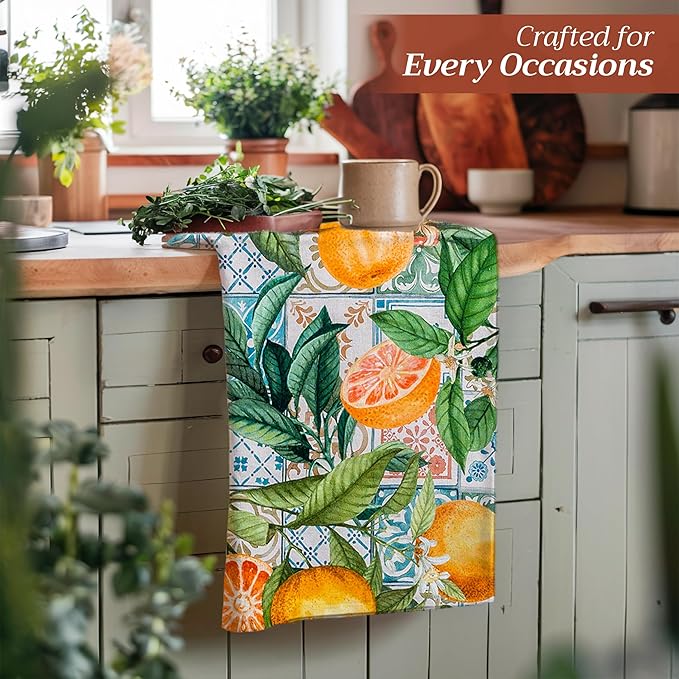 Maison d' Hermine Kitchen Towels Set of 3 100% Cotton 27.50" x 20" Reusable Cloth Tea Dish Towels Absorbent with Hanging Loop for Kitchen, Home, Dining, Cocktail Parties Spring/Summer (Agrume)