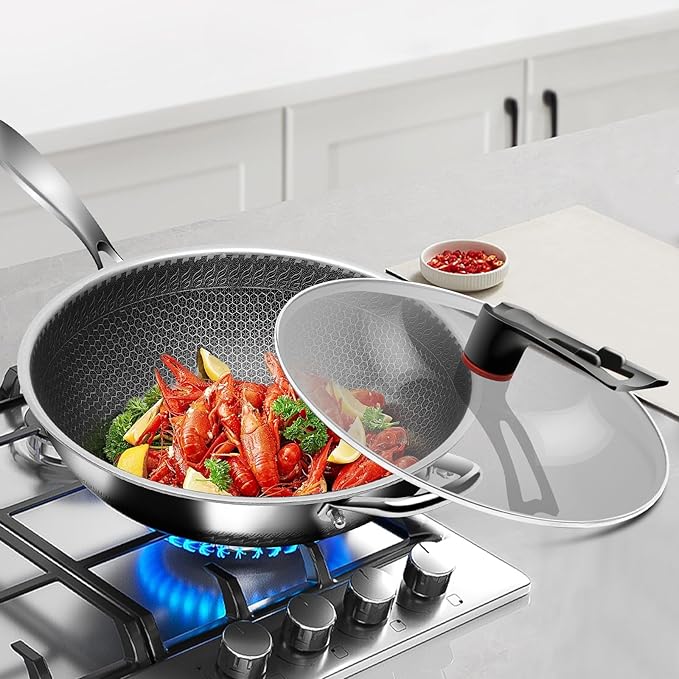 Wok, 12 Inch Stainless Steel Wok, Hybrid Nonstick Woks & Stir-fry Pans with Lid, Honeycomb Wok Pan with Stay-Cool Handle, Dishwasher and Oven Safe, PFOA Free Cookware