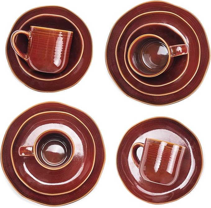Elanze Designs Reactive Glaze Farmhouse Rustic Boho Ceramic Stoneware Dinnerware 16 Piece Plate Bowl Mug Dish Set - Service for 4, Burnt Auburn Red