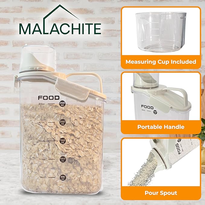 Two Pack Food & Cereal Storage Container - 2.6L Airtight Plastic Kitchen Organizer Bin with Pouring Spout, Measuring Cup Lid, Ideal for Dry Food, Rice, Sugar, Pet Food dispenser - BPA free
