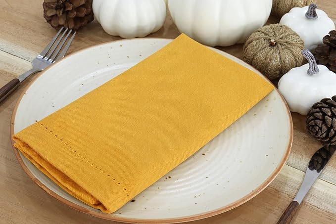 PurpleEssences Set of 12 Hemstitch Cloth Dinner Napkins 100% Cotton - Soft Durable Washable - Ideal for Wedding Christmas Holiday Winter - Perfect Everyday Use Table Linen 18x18 - Golden Yellow