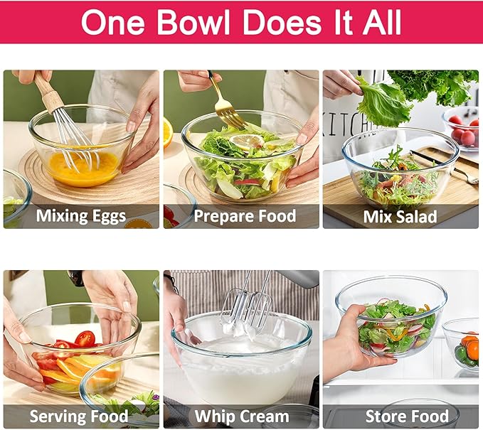 KOMUEE Glass Mixing Bowls with Lids Set, 4-Piece Nesting Kitchen Bowls for Salad, Serving, and Baking, Oven Safe Glass Bowl