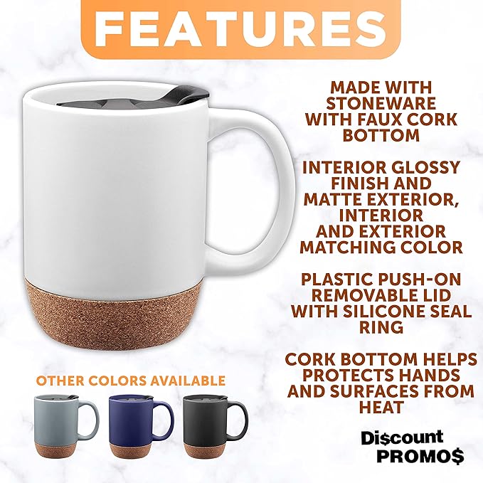 DISCOUNT PROMOS Barista Ceramic Mugs with Cork Bottom 13 oz. Set of 12, Bulk Pack - Perfect for Coffee, Tea, Espresso, Hot Cocoa, Other Beverages - White