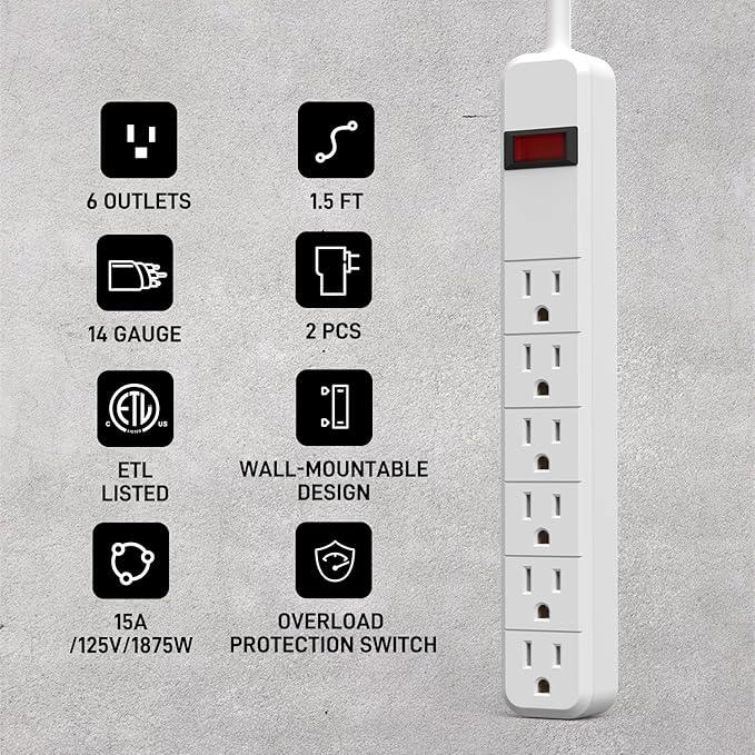 2-Pack Wall-Mountable Power Strip with 6 Outlets, Overload Protection Switch, 14 Gauge 1.5FT Cord, ETL Listed, Slim Design for Narrow Spaces, 15A/125V/1875W, Ideal for Home, Office, Kitchen, Travel