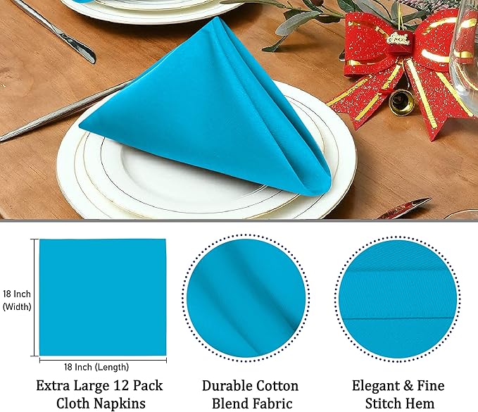 Ruvanti Cloth Napkins set of 12, 18x18 Inches Napkins Cloth Washable, Soft, Durable, Absorbent, Cotton Blend. Table Dinner Napkins Cloth for Hotel, Lunch, Restaurant, Wedding Event, Parties - Sky Blue