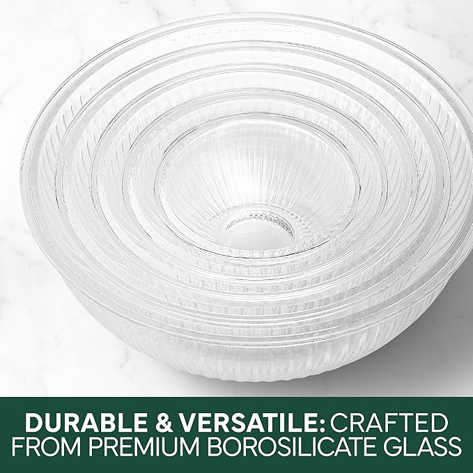 COOK WITH COLOR 12 Pc Glass Mixing Bowl Set with Lids – Borosilicate Glass Nesting Bowls for Cooking, Baking and Meal Prep, Fluted Sage