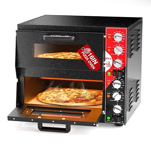 PYY Indoor 16in Pizza Oven - Double Decker Electric Pizza Ovens Countertop with Pizza Stone, 60-Min Ring Timer, for Home and Restaurant Commercial, 3200W, ETL Listed,Black