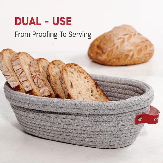 KneadAce Cotton Rope Banneton Bread Proofing Basket Set, 2 x Oval Bread Basket with Liners & Covers for Artisan Bread Baking, Sourdough Bread Baking Supplies