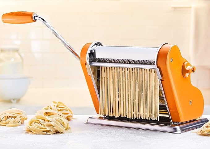 PASTALINDAClassic 200 Pasta Maker Machine, 20 cm Wide Rollers, 9 Thickness Positions, 2 Cutting Positions, Stainless Steel. Includes Reinforced Hand Crank And Two Clamps (Orange)