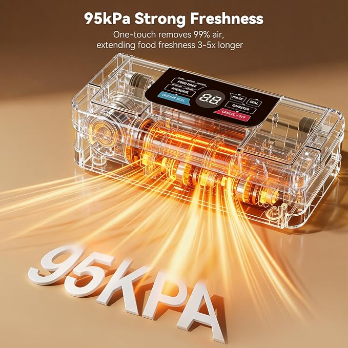 95Kpa Powerful Vacuum Sealer for Food, 10-in-1 Vacuum Sealer Machine with Easy Handle, Built-in Cutter and Roll Storage, Digital Countdown Display & Premium Stainless Steel for Long-Lasting Freshness