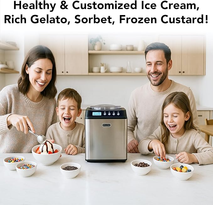 Whynter Ice Cream Maker Machine Automatic 2.1 Qt. Upright with Built-In Compressor, LCD Digital Display & Timer, No Pre-Freezing, ICM-201SB, Stainless Steel