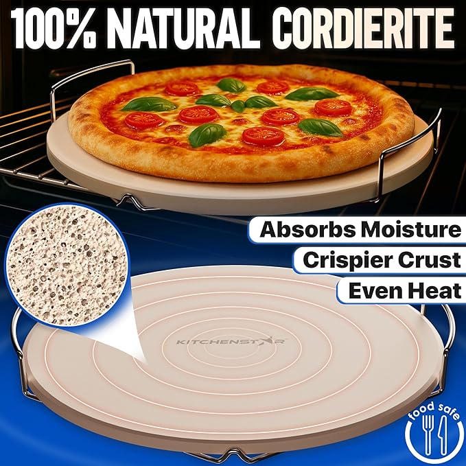 KitchenStar 14-inch Pizza Stone for Oven and BBQ Grill with Handles, Round, 5/8" Thick - Natural Cordierite, 1800 °F Resistant, Baking Stone Set with Stainless Steel Rack & Plastic Scraper Tool