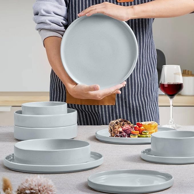 Herogo Stoneware Dinnerware Set with Salad Bowls, 8 Piece Plates and Pasta Cereal Bowls for 2, Kitchen Dinner Dish Set, Dishwasher & Microwave Safe, Speckled Light Gray