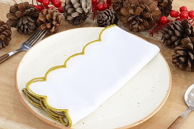PurpleEssences Scalloped Embroidery Cloth Napkins Christmas Holiday Winter Table Decor 100% Cotton Set of 4-18 x 18 inch - White - Edges - Gold