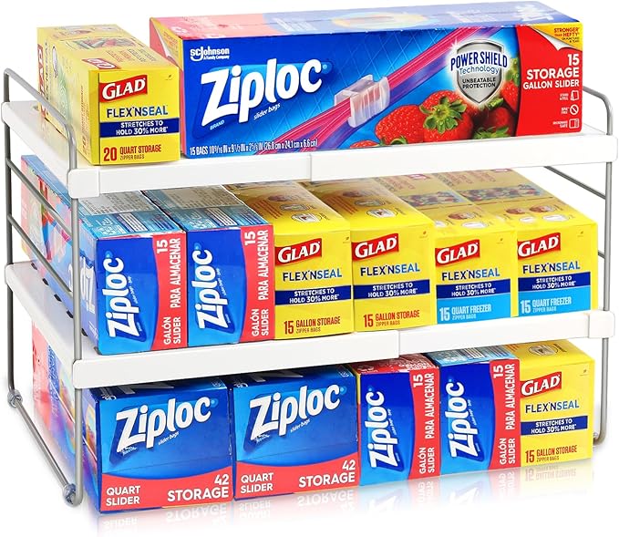 JUPELI Foil and Plastic Wrap Organizer, Expandable Kitchen Pantry Storage, Height Adjustable Cabinet Rack for Kitchen Organization, Aluminum Foil -3 Tier 9.8" to 15.6"L