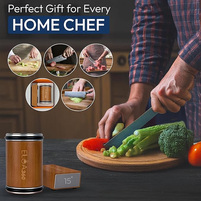 ELOA360 Knife Sharpener, Rolling Knife Sharpener Kit with Diamond and Ceramic Discs with 15° and 20° Magnetic Angle, kitchen knife sharpener, Razor-Sharp knife sharpening Tool (Stainless Steel)