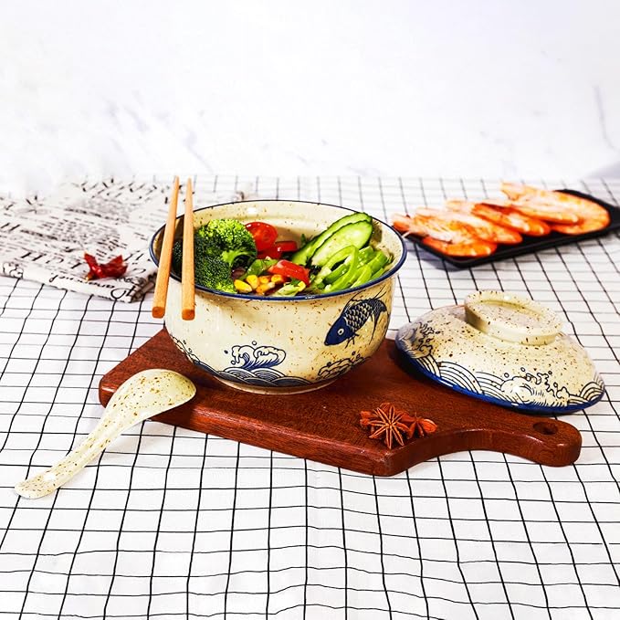 Ceramic Ramen Bowl Set, 800ml, with Lid, Spoon and Chopsticks, Japanese Vintage Large Soup Bowls Instant Noodle Bowl Asian Tableware (Color*2)