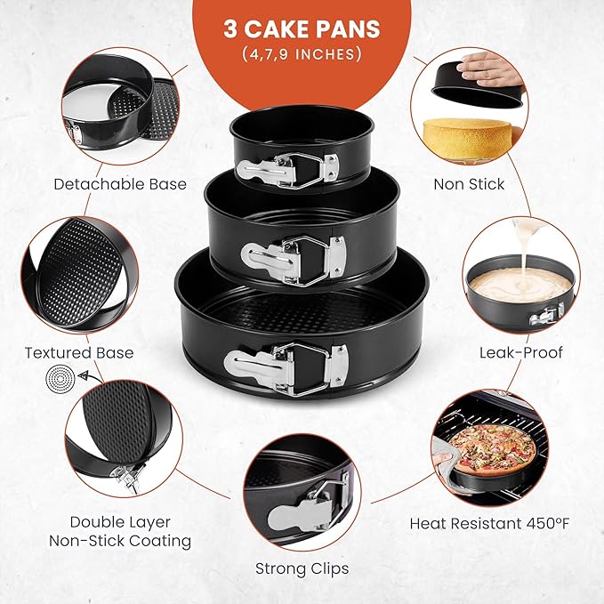 RFAQK 100pcs Cake Pan Sets for Baking + Cake Decorating Supplies: 3 Non-Stick Springform Pans Set (4, 7, 9 inches), Icing Tips, Cake Leveler – Multi-functional Leak-Proof CheeseCake Pan & eBook