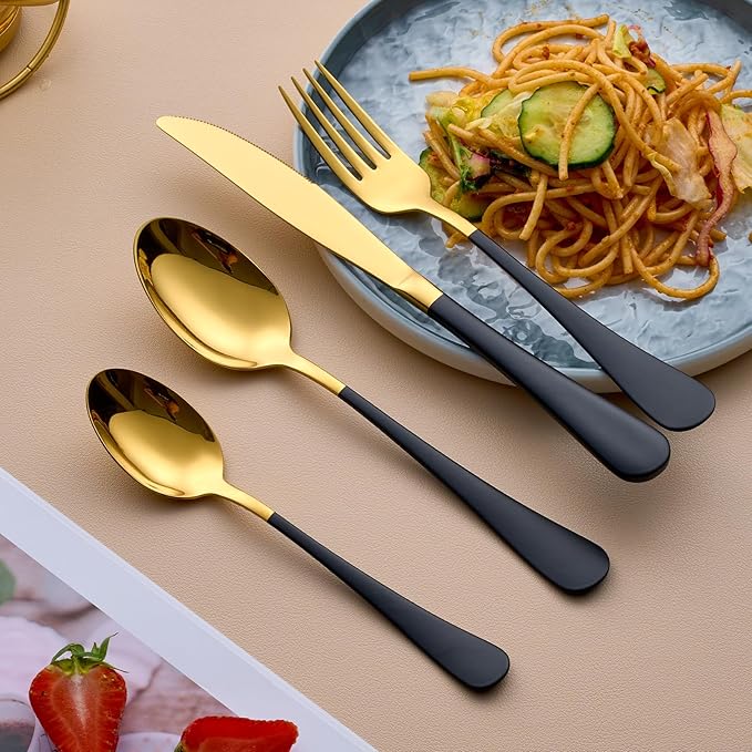 20-Piece Gold and Black Silverware Set for 4, 18/0 Stainless Steel Flatware Cutlery Utensils Set, Include Dinner Knives,Dinner Forks,Dinner Spoons,Salad Forks,Teaspoons,Dishwasher Safe