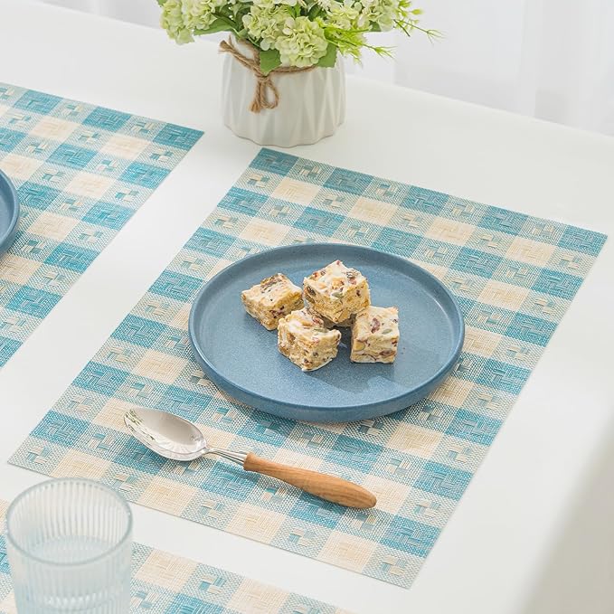 BACKTOEDEN Placemats Set of 12 Heat Resistant Washable Wipeable Placemat Woven Non-Slip Foldable Vinyl/Plastic Place Mats Indoor/Outdoor Mat Kitchen Dining Table Pad, Blue Checkered
