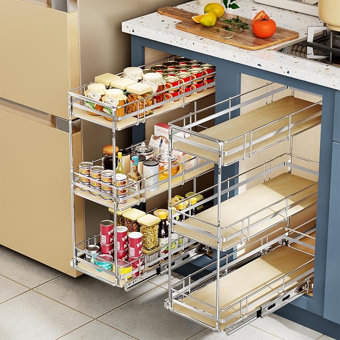 ROOMTEC 3-Tier Pull Out Cabinet Organizer Spice Rack for Narrow Cabinet 6" W x 20½" D, Slide Out Wood Shelves Storage for Kitchen