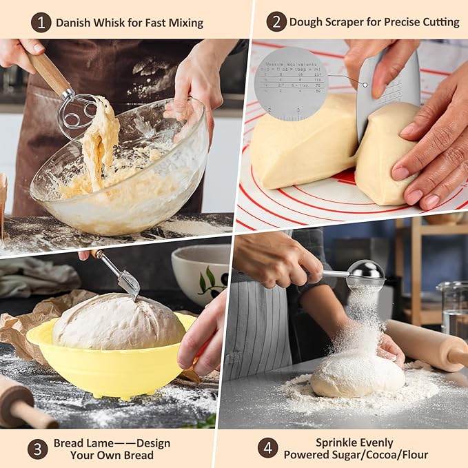 Neddie Upgraded Silicone Banneton Bread Proofing Basket, Sourdough Bread Baking Supplies Set of 2,9 Inch Round & 10 Inch Oval Foldable Sourdough Baking Baskets, Sourdough Starter Kit(Beige)