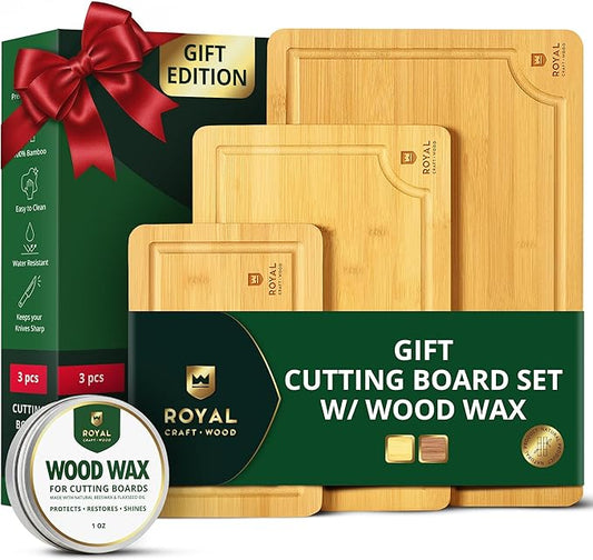 ROYAL CRAFT WOOD Bamboo Cutting Board Gift Set – 3-Piece Reversible Wooden Boards with Deep Juice Groove & Handles – Premium Charcuterie & Butcher Blocks for Kitchen – Holiday Gift-Ready Packaging
