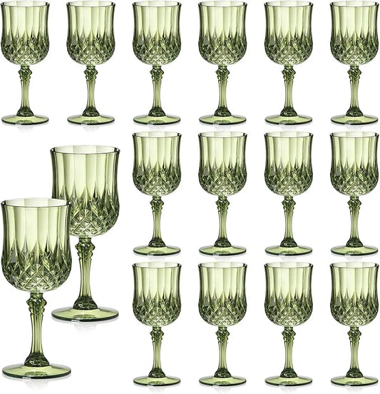 XUWAIDSGN 16 Pcs 7oz Plastic Vintage Wine Glasses Drinking Glasses Unbreakable Wedding Glassware Crystal Water Goblets Reusable Drinkware Vintage Champagne Flutes (16, Dark Green)