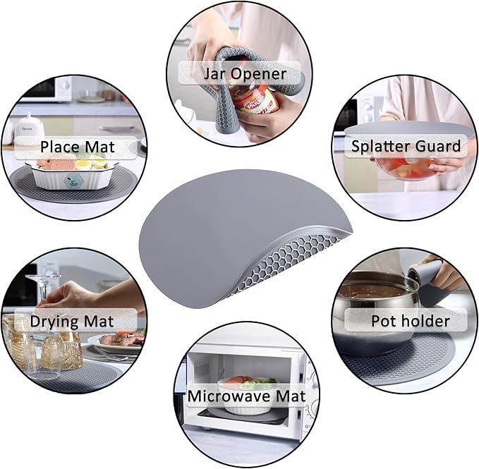 To encounter Silicone Microwave Mat - Round 12" x 12" - Set of 4 Heat Resistant Multifunctional Mat, Splatter Guard, Trivet, Hot Pad, Pot Holder