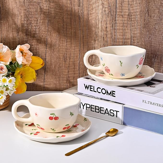 Koythin Ceramic Coffee Mug with Saucers, Handmade Flowers Mugs, Cute Cup for Girl Women, Aesthetic Tea Milk Cup with Handle, 8.5 oz/250 ml for Latte, Cocoa, Office, Home (Cute Bow)