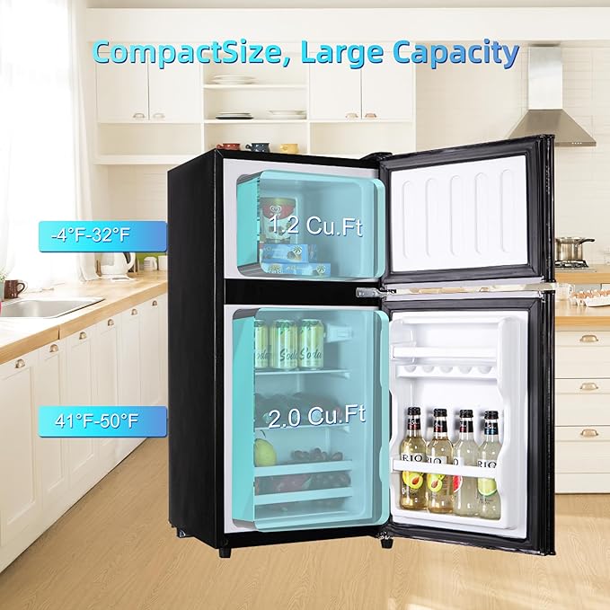 3.2 Cu. Ft. Mini Fridge with Freezer, Compact Refrigerator with Adjustable 7-Level Thermostat, Dorm Fridge for Kichen, RV, Office, Apartment, Black