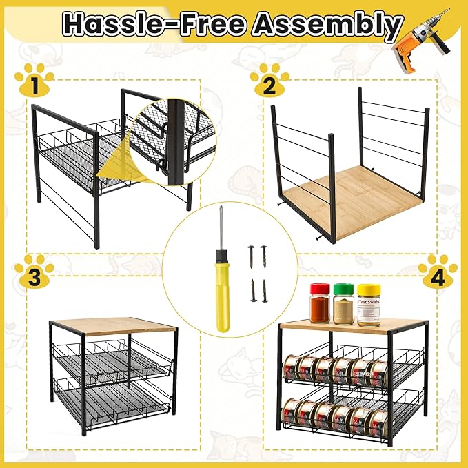 Bamboo & Iron Cat Food Organizer for Pantry, 2-Tier Can Stackable Storage Rack Holds 48 (3oz) Cans, Flat Top for Extra Storage, Automatic Slide-Down Perfect for Pet Food Cans