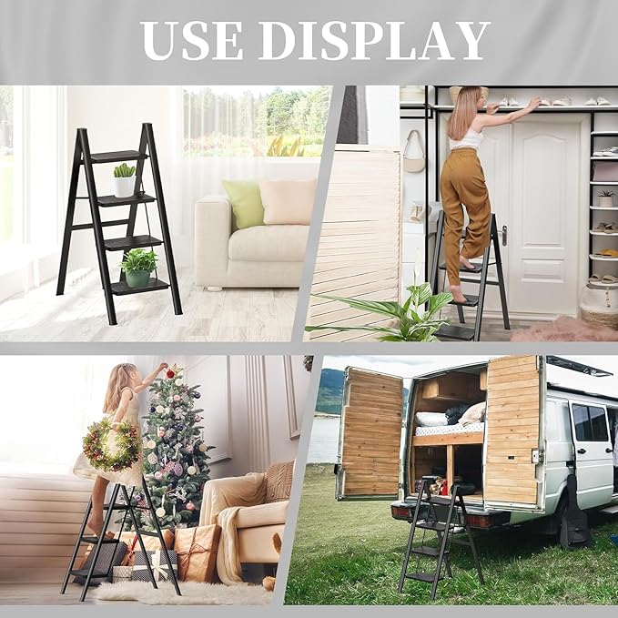 HBTower Step Ladder, 4 Step Ladder Folding Step Stool, Portable Sturdy Steel Ladder for Adults Home Outdoor Kitchen Garage,Black