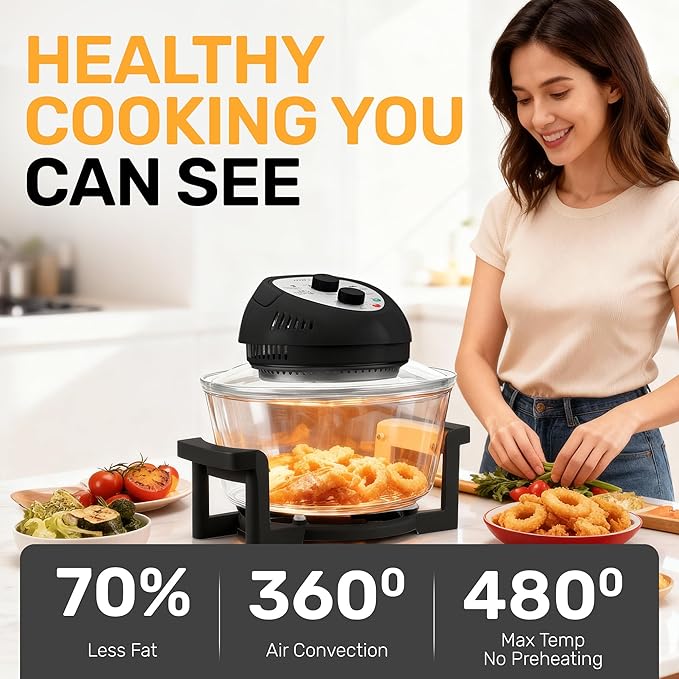 Big Boss 16Qt Extra Large Glass Air Fryer Non Toxic – Family Sized 4 in 1 Cooker with 3 Cooking Sections, Stainless Steel Racks for French Fries, Chicken, No Preheat, Self Cleaning, Dishwasher Safe