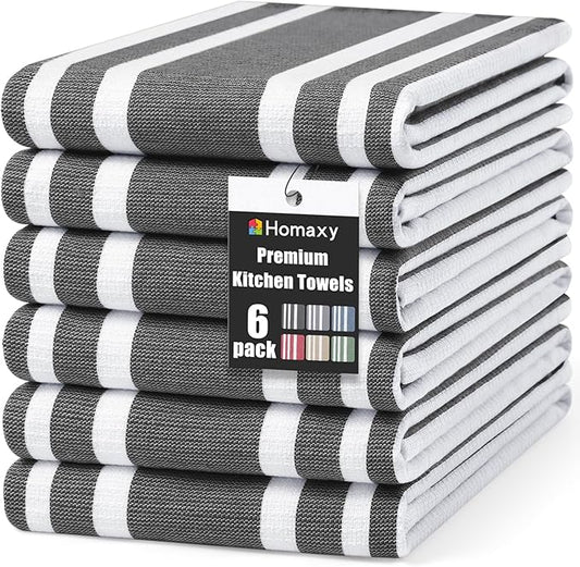 Homaxy Premium Kitchen Towels 18”x 28”, Large Cotton 380 GSM Kitchen Hand Towels, Stripe and Terry Dish Towel, Highly Absorbent Tea Towel Set with Hanging Loop, 6 Pack, Black