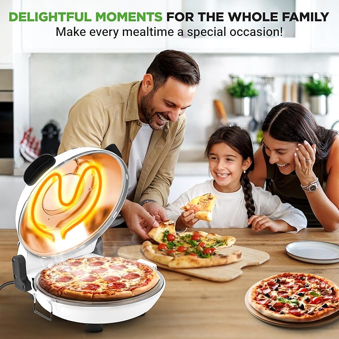 NutriChef Electric Pizza Oven | 1200W Countertop Pizza Maker with Temperature Control & Thermometer | Viewing Window for Precise Cooking | Heats up to 800˚F | Easy to Clean Non-Stick Coating | White