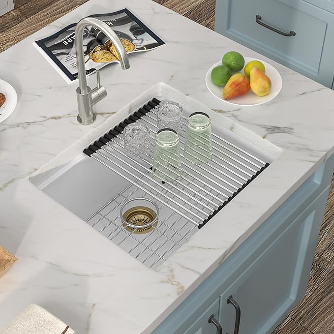 21"x18" Undermount Wet Bar Sink Workstation - White Granite Composite Quartz Classic Single Bowl Under Counter Small Kitchen Bar Prep RV Sink Basin