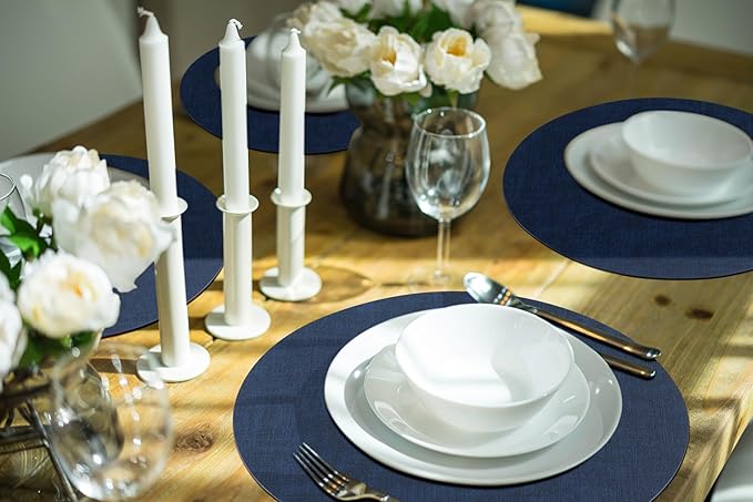 homing Round Faux Leather Placemat and Coaster 8 Packs, Washable Heat Resistant Dining Place Mats, Wipeable Double-Sided Table Mats for Indoor and Outdoor, Diameter 13 and 3.93 inch, Navy