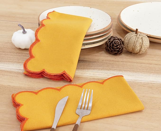 PurpleEssences Scalloped Embroidery Cloth Napkins Christmas Holiday Winter Table Decor 100% Cotton Set of 4-18 x 18 inch - Golden Yellow - Edges - Orange