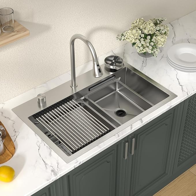 Lordear 31 Drop Kitchen Sink with Faucet Combo - 31"x20" Waterfall Kitchen Sink Workstation Stainless Steel 16 Gauge Single Bowl Topmount Handmade Sinks with Pull Out Faucet