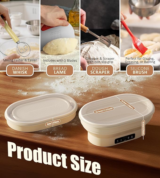 Heating Banneton Bread Proofing Basket, Foldable Sourdough Bread Baking Supplies, Silicone Sourdough Starter Kit, 11" 2L Oval Banneton Basket, Baking Gifts for Women & Baker (1 Pack)