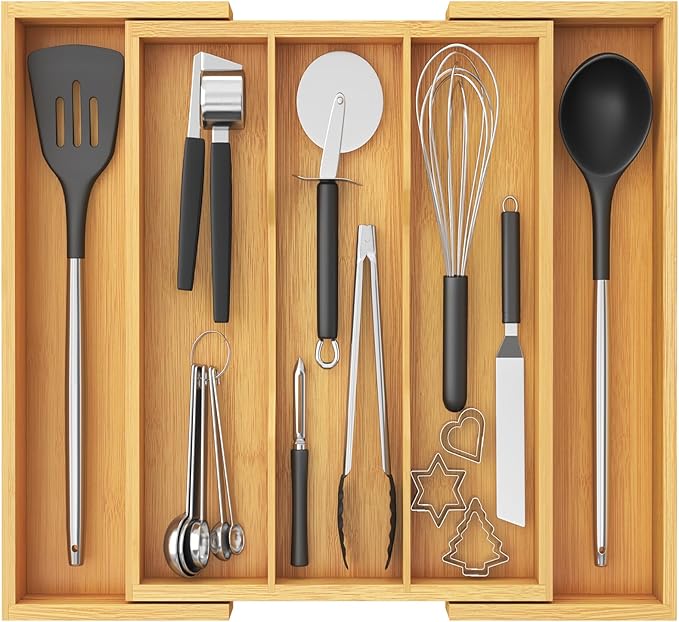Lifewit Utensil Organizer for Kitchen Drawer, Expandable 13 to 22.4 Inches Wide, Adjustable Cooking Silverware Tray, Bamboo Cutlery Flatware Holder, Spatula Tools and Gadgets Storage Divider, Natural