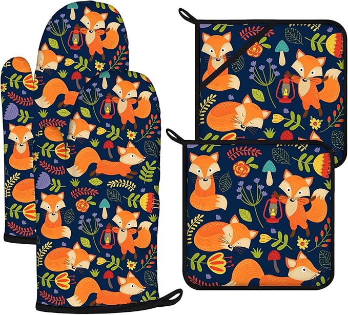 Cute Fox Oven Mitts and Pot Holders Sets 4Pcs,Extra Long Oven Gloves Potholder for Kitchen Cooking Baking BBQ 100% Cotton Heat Resistant