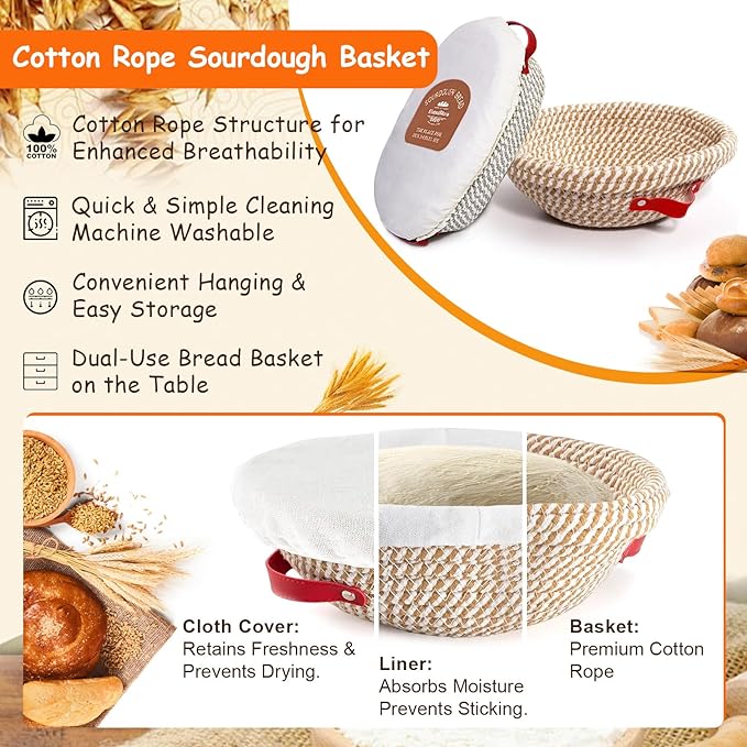 Sourdough Bread Baking Supplies Kit, 10" Oval & 9" Round Bread Proofing Basket Set Jar Scraper Scoring Lame Brush Short Danish Whisk, Sourdough Starter Kit Gift for Bread Making (Oval & Round)