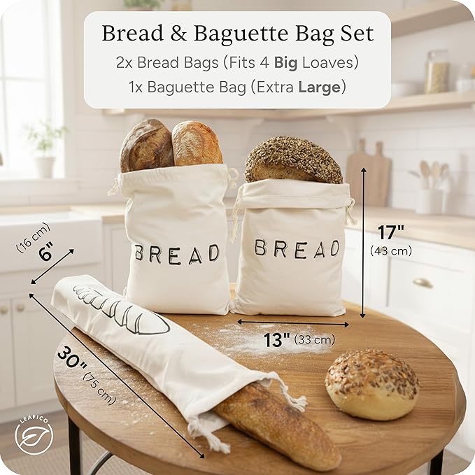 Leafico Reusable Bread Bags – 2 Cotton Storage Bags + 1 Baguette Bag with Food Safe TPU Liner – For Homemade Bread, Sourdough, Artisan Loaves – Freezer Safe & Washable Plastic Alternative