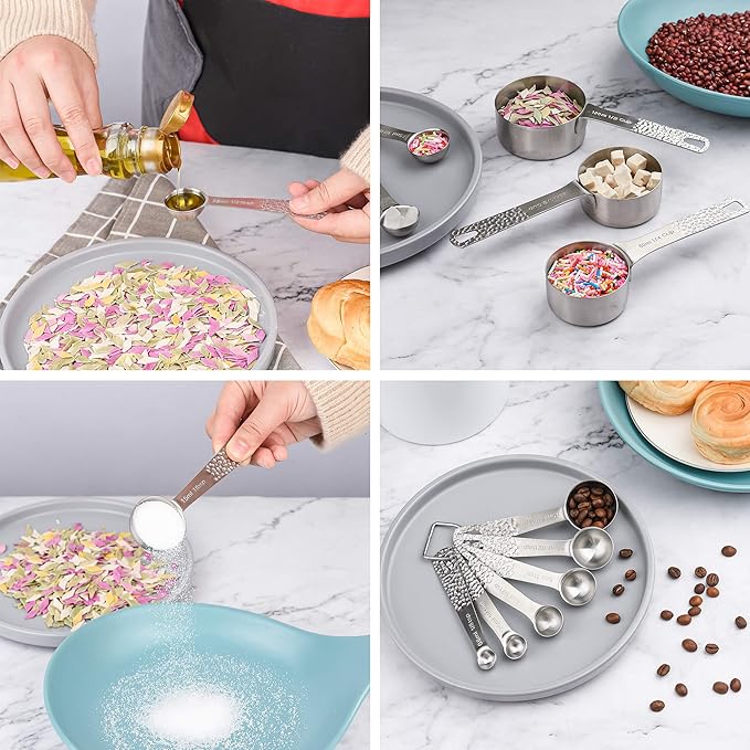 Measuring Spoons Set, 18/8 Stainless Steel Measuring Spoons Set for Dry & Liquid, Metric & US 6 Measuring Spoons with 1 Leveler & 1 Locking Ring for Baking & Kitchen