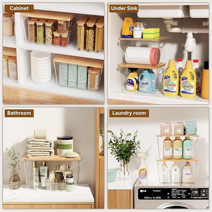 Criusia 2 Set Pantry Organizers and Storage with Bamboo Lids, Stackable Clear Bins for Onion, Potato, Fruit, Vegetables, Trash Bag Dispenser for Kitchen and Under Sink Organization