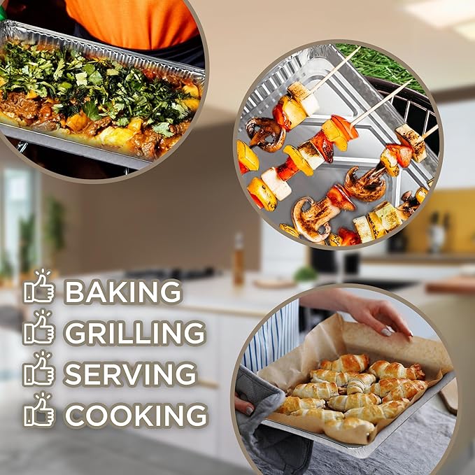 PLASTICPRO Aluminum Pans 100 Pack Disposable Cookie Sheets 13 x 17 Baking Pans Premium Quality Heavy Duty Sheet Pans