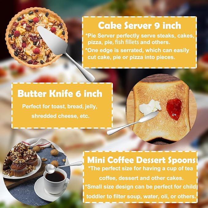 12 PCS Stainless Steel Serving Utensils, Large Spoons Slotted Spoons Forks Tongs, Ice Suger Tongs, Pie Server, Butter Knife, Coffee Spoons, Great for Buffet Catering Banquet Party, Silver