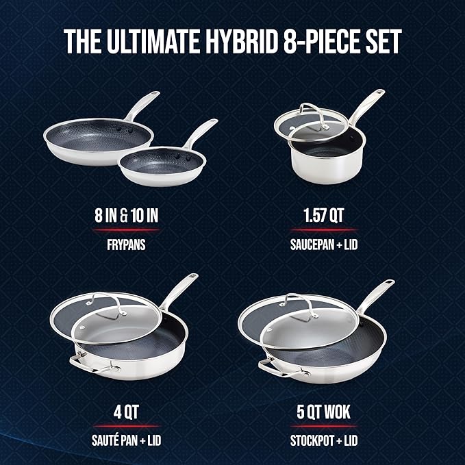 Blue Diamond Hybrid Nonstick Stainless Steel 8 Piece Cookware Set, Tri-Ply PFAS-Free Ceramic Diamond Bond Pots & Pans, Dishwasher & Oven Safe to 850F, Induction Ready, Metal Utensil Safe, Silver